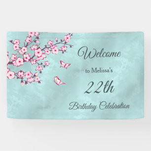 Floral Cherry Blossoms Pink Turquoise Banner