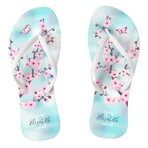 Floral Cherry Blossoms Pink Turquoise Monogram Jandals