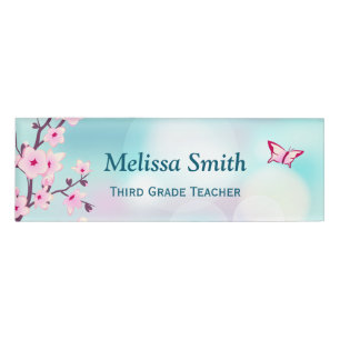 Floral Cherry Blossoms Pink Turquoise Teacher Name Tag