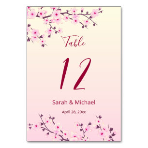 Floral Cherry Blossoms Pink Wedding Table Number