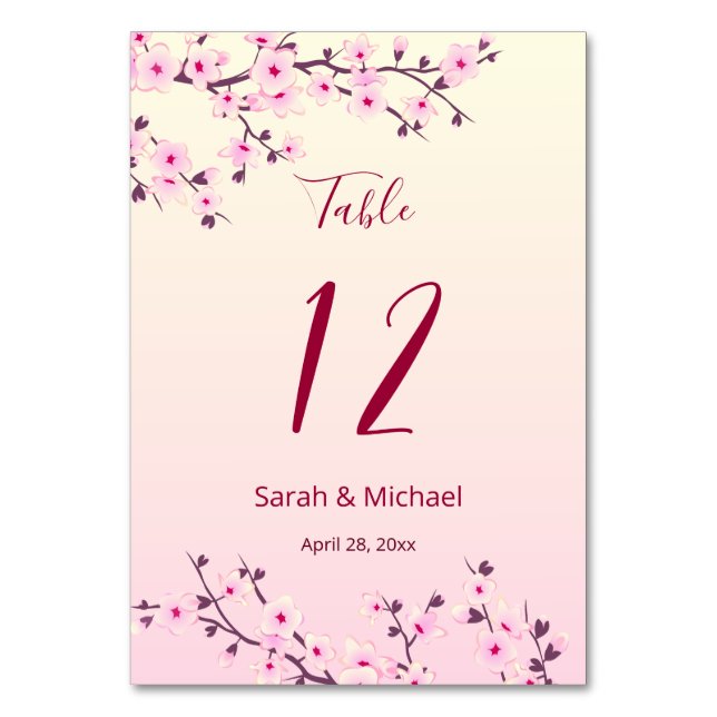 Floral Cherry Blossoms Pink Wedding  Table Number (Front)