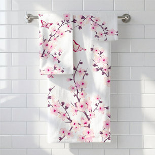 Floral Cherry Blossoms Pink White Bath Towel Set