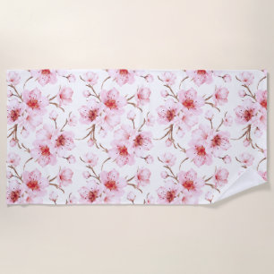 Floral Cherry Blossoms Pink White Beach Towel