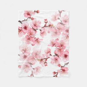 Floral Cherry Blossoms Pink White Fleece Blanket