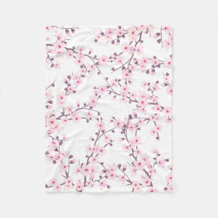 Floral Cherry Blossoms Pink White Fleece Blanket