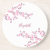 Floral Cherry Blossoms Pink White Monogram  