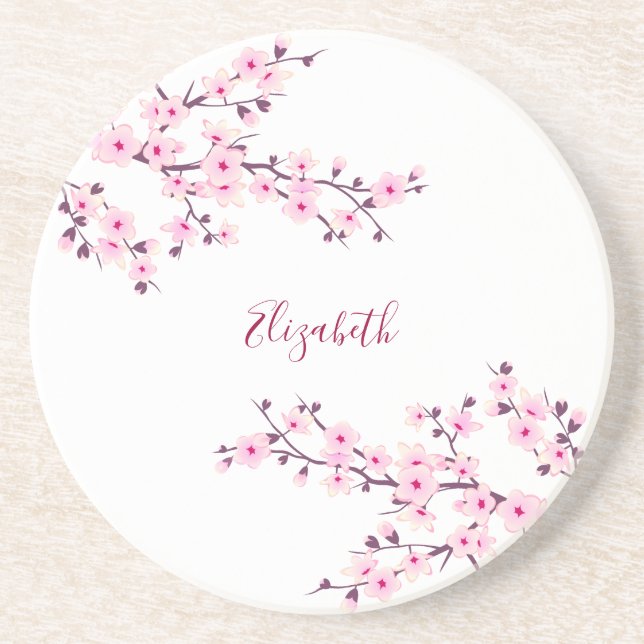 Floral Cherry Blossoms Pink White Monogram   Coaster (Front)