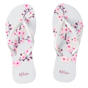 Floral Cherry Blossoms Pink White Monogram Jandals