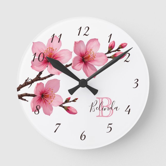 Floral Cherry Blossoms Pink White Monogram Name Round Clock (Front)