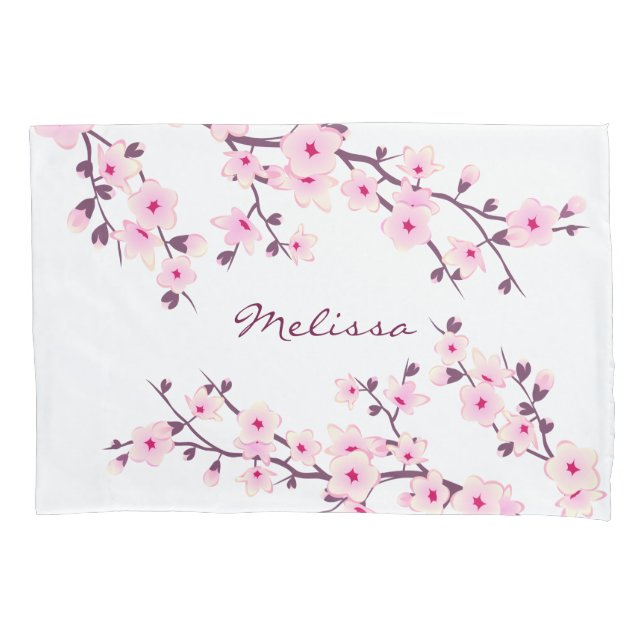 Floral Cherry Blossoms Pink White Monogram Pillowcase (Front)