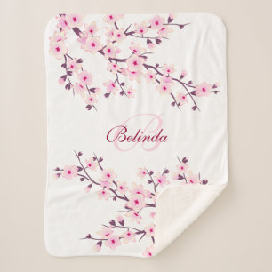 Floral Cherry Blossoms Pink White Monogram Sherpa Blanket