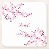 Floral Cherry Blossoms Pink White Monogram 