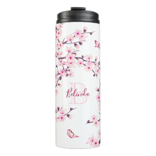 Floral Cherry Blossoms Pink White Name Monogram Thermal Tumbler