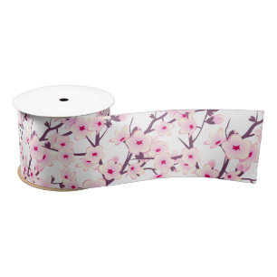 Floral Cherry Blossoms Pink White Satin Ribbon