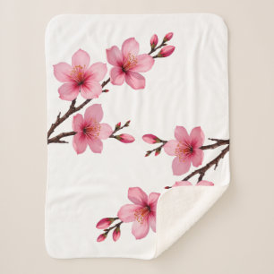 Floral Cherry Blossoms Pink White Sherpa Blanket
