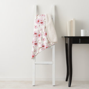 Floral Cherry Blossoms Pink White Sherpa Blanket