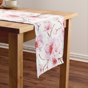 Floral Cherry Blossoms Pink White Short Table Runner