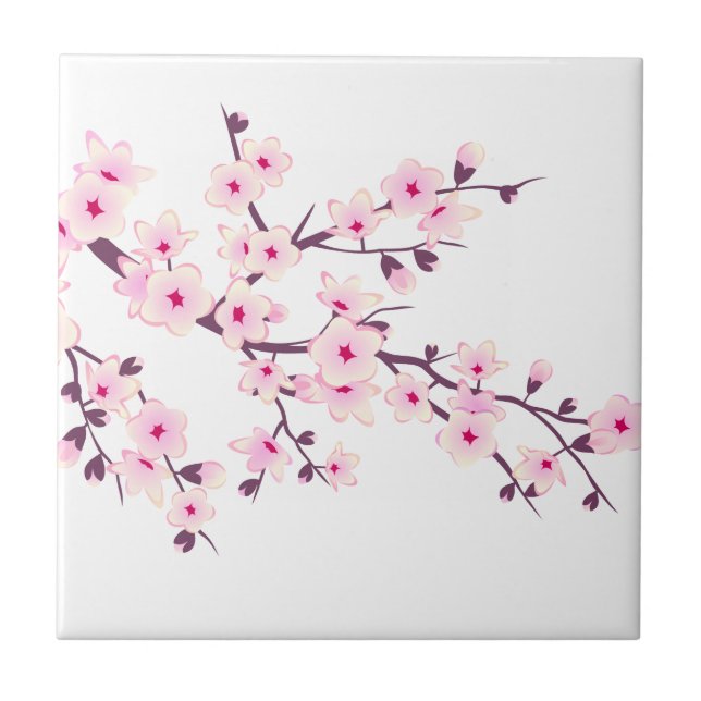 Floral Cherry Blossoms Pink White  Tile (Front)