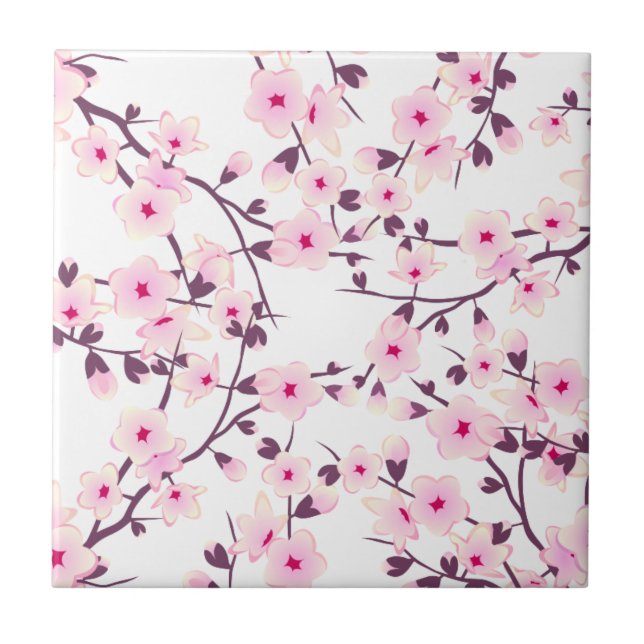 Floral Cherry Blossoms Pink White Tile (Front)