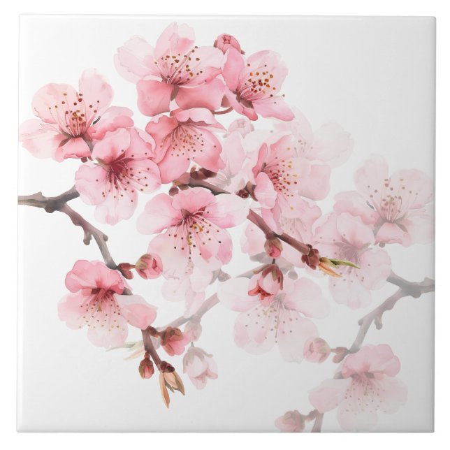 Floral Cherry Blossoms Pink White Tile (Front)