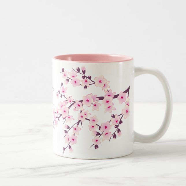 Floral Cherry Blossoms Pink White Two-Tone Coffee Mug (Right)
