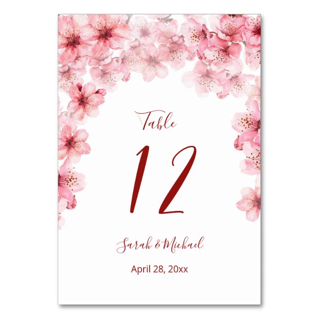Floral Cherry Blossoms Pink White Wedding   Table Number (Front)