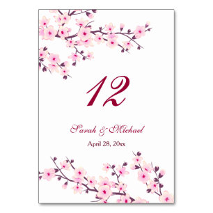 Floral Cherry Blossoms Pink White Wedding Table Number