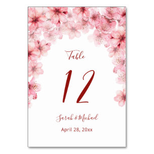Floral Cherry Blossoms Pink White Wedding Table Number