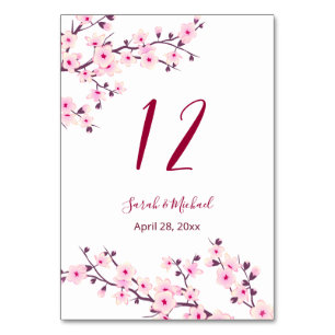 Floral Cherry Blossoms Pink White Wedding   Table Number