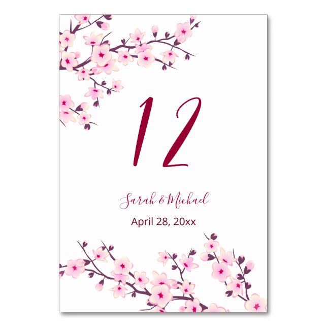 Floral Cherry Blossoms Pink White Wedding   Table Number (Front)