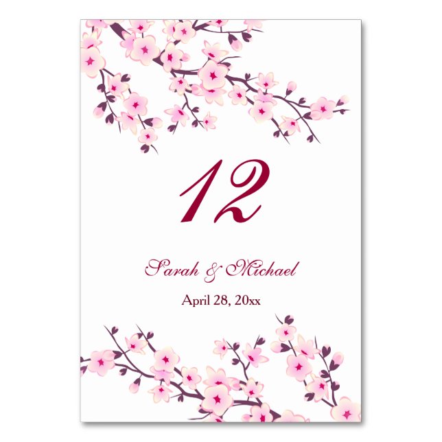 Floral Cherry Blossoms Pink White Wedding Table Number (Front)