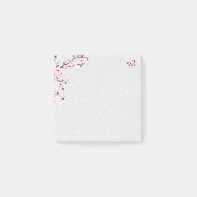 Floral Cherry Blossoms Silver Glitter Post-it Notes (Front)