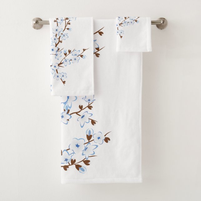 Floral Cherry Blossoms White Blue Bath Towel Set (Insitu)