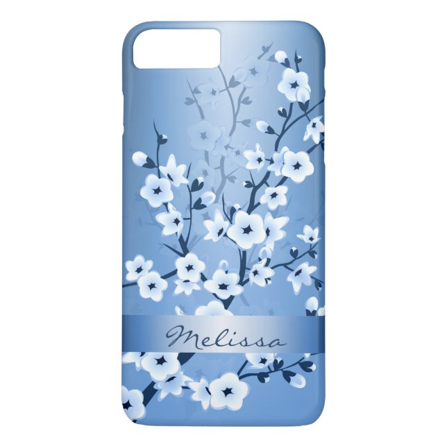 Floral Cherry Blossoms White Blue Monogram Case-Mate iPhone Case (Back)