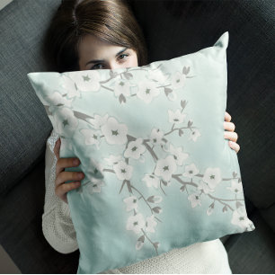 Floral Cherry Blossoms White Mint Cushion