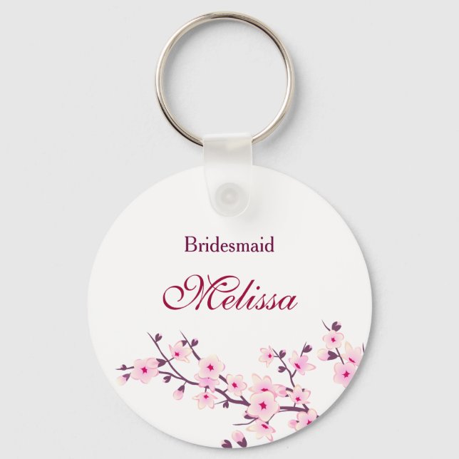 Floral Cherry Blossoms White Pink Key Ring (Front)
