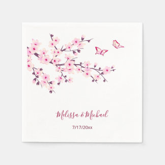 Floral Cherry Blossoms Your Names Wedding Napkin
