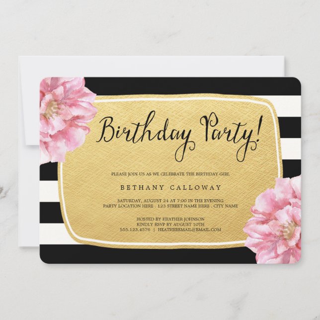 Floral Chic Birthday Invite / Faux Gold Foil (Front)