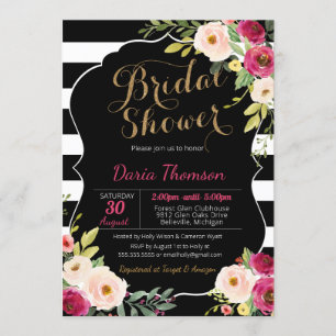 Floral Chic Black White Stripe Pink Bridal Shower Invitation