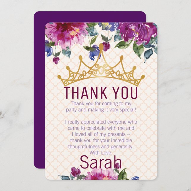 Floral Chic Crown Birthday Thank you Card (Front/Back)