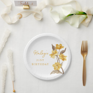 Floral Chic Elegant Simple Yellow 21st Birthday Paper Plate