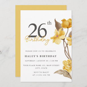 Floral Chic Elegant Simple Yellow 26th Birthday Invitation