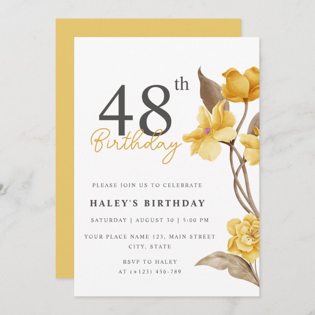 Floral Chic Elegant Simple Yellow 48th Birthday Invitation (Front/Back)