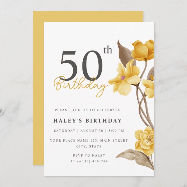 Floral Chic Elegant Simple Yellow 50th Birthday Invitation (Front/Back)