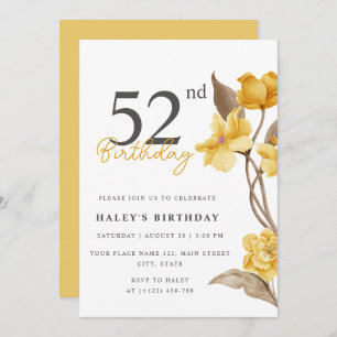 Floral Chic Elegant Simple Yellow 52nd Birthday Invitation