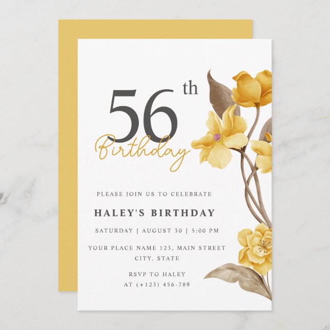 Floral Chic Elegant Simple Yellow 56th Birthday Invitation (Front/Back)