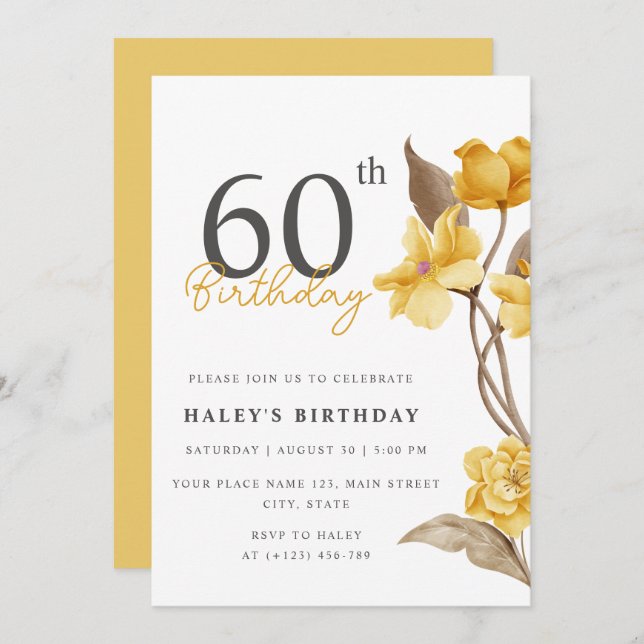 Floral Chic Elegant Simple Yellow 60th Birthday Invitation (Front/Back)