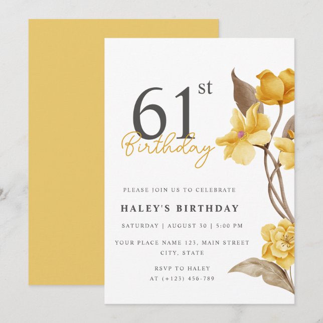 Floral Chic Elegant Simple Yellow 61st Birthday Invitation (Front/Back)