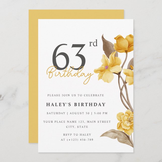 Floral Chic Elegant Simple Yellow 63rd Birthday Invitation (Front/Back)