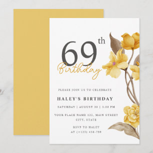 Floral Chic Elegant Simple Yellow 69th Birthday Invitation
